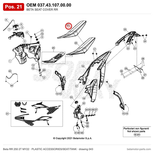 BETA SEAT COVER RR – OEM 037.43.107.00.00, position 21 on the Beta RR 250 2T MY22 plastic accessories/seat/tank drawing