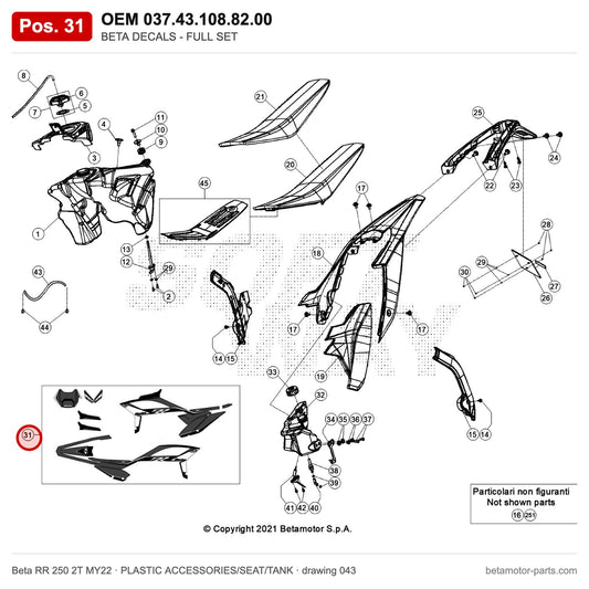 BETA DECALS - FULL SET – OEM 037.43.108.82.00, position 31 on the Beta RR 250 2T MY22 plastic accessories/seat/tank drawing