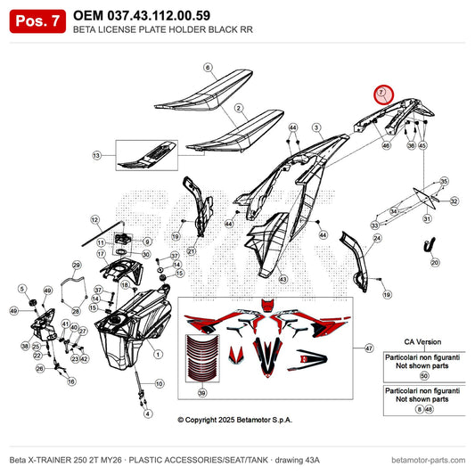 BETA LICENSE PLATE HOLDER BLACK RR – OEM 037.43.112.00.59, position 7 on the Beta X-TRAINER 250 2T MY26 plastic accessories/seat/tank drawing