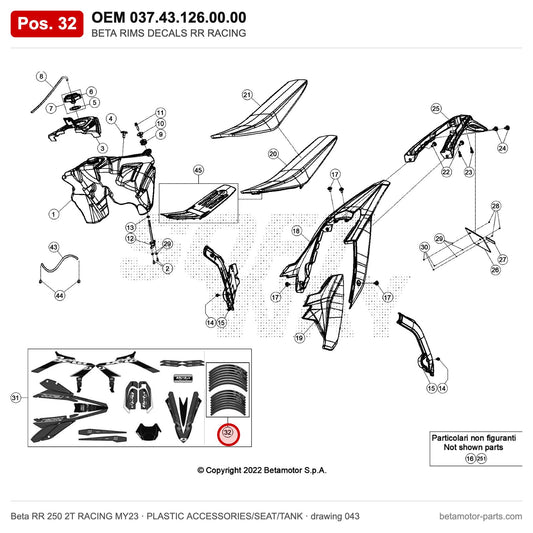 BETA RIMS DECALS RR RACING – OEM 037.43.126.00.00, position 32 on the Beta RR 250 2T RACING MY23 plastic accessories/seat/tank drawing
