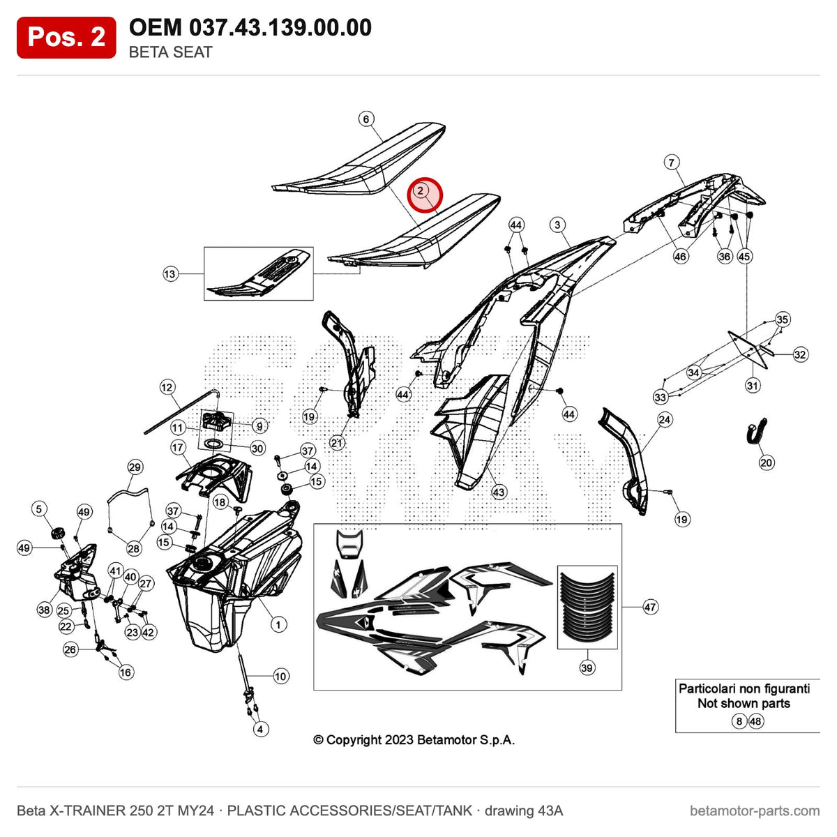 BETA SEAT – OEM 037.43.139.00.00, position 2 on the Beta X-TRAINER 250 2T MY24 plastic accessories/seat/tank drawing