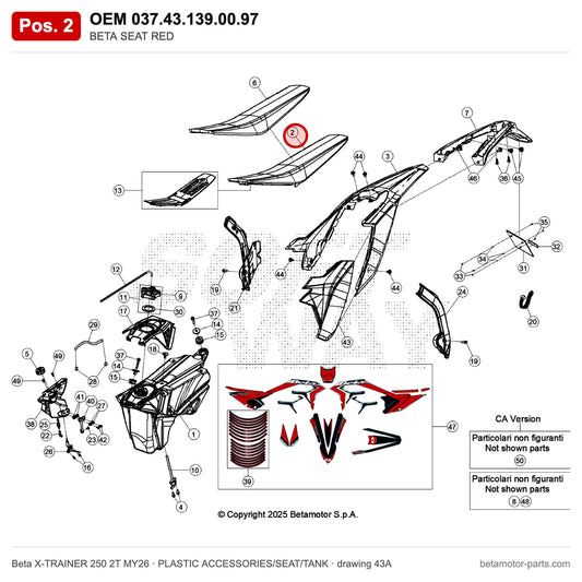 BETA SEAT RED – OEM 037.43.139.00.97, position 2 on the Beta X-TRAINER 250 2T MY26 plastic accessories/seat/tank drawing