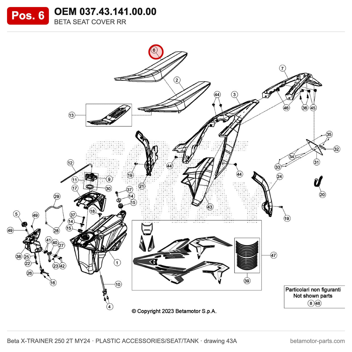 BETA SEAT COVER RR – OEM 037.43.141.00.00, position 6 on the Beta X-TRAINER 250 2T MY24 plastic accessories/seat/tank drawing