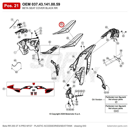 BETA SEAT COVER BLACK RR – OEM 037.43.141.00.59, position 21 on the Beta RR 250 2T X-PRO MY27 plastic accessories/seat/tank drawing