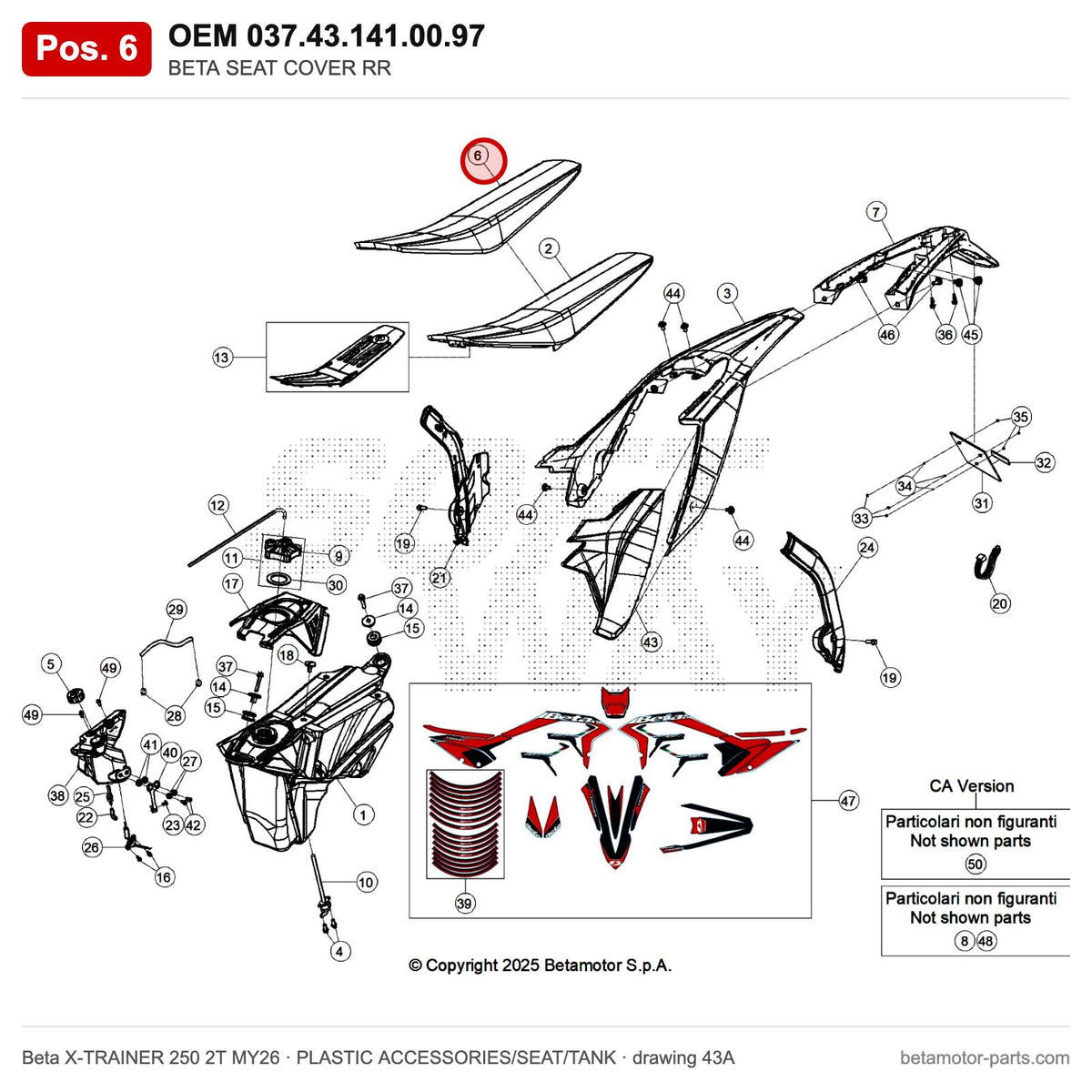 BETA SEAT COVER RR – OEM 037.43.141.00.97, position 6 on the Beta X-TRAINER 250 2T MY26 plastic accessories/seat/tank drawing
