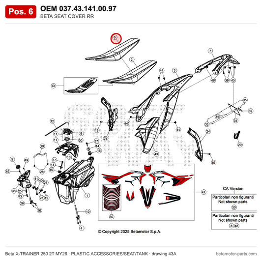 BETA SEAT COVER RR – OEM 037.43.141.00.97, position 6 on the Beta X-TRAINER 250 2T MY26 plastic accessories/seat/tank drawing
