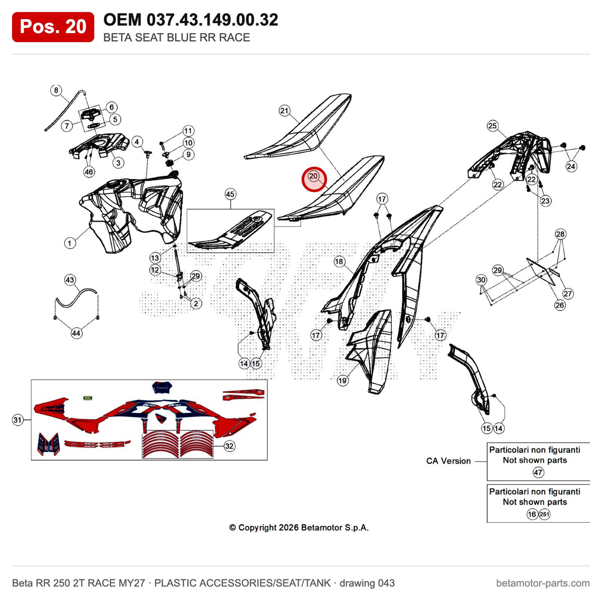 BETA SEAT BLUE RR RACE – OEM 037.43.149.00.32, position 20 on the Beta RR 250 2T RACE MY27 plastic accessories/seat/tank drawing