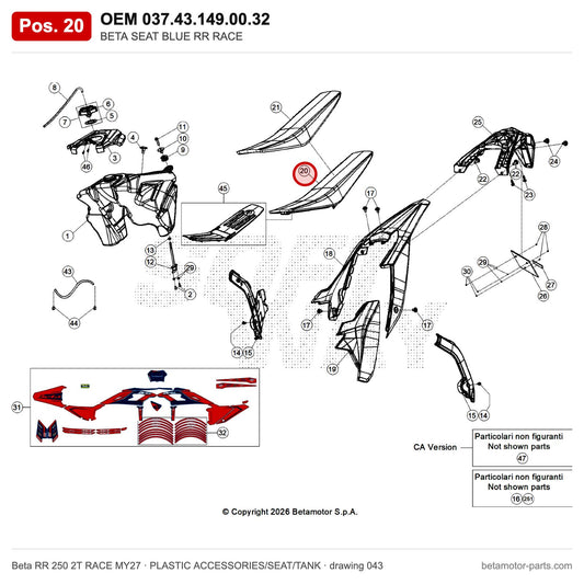 BETA SEAT BLUE RR RACE – OEM 037.43.149.00.32, position 20 on the Beta RR 250 2T RACE MY27 plastic accessories/seat/tank drawing