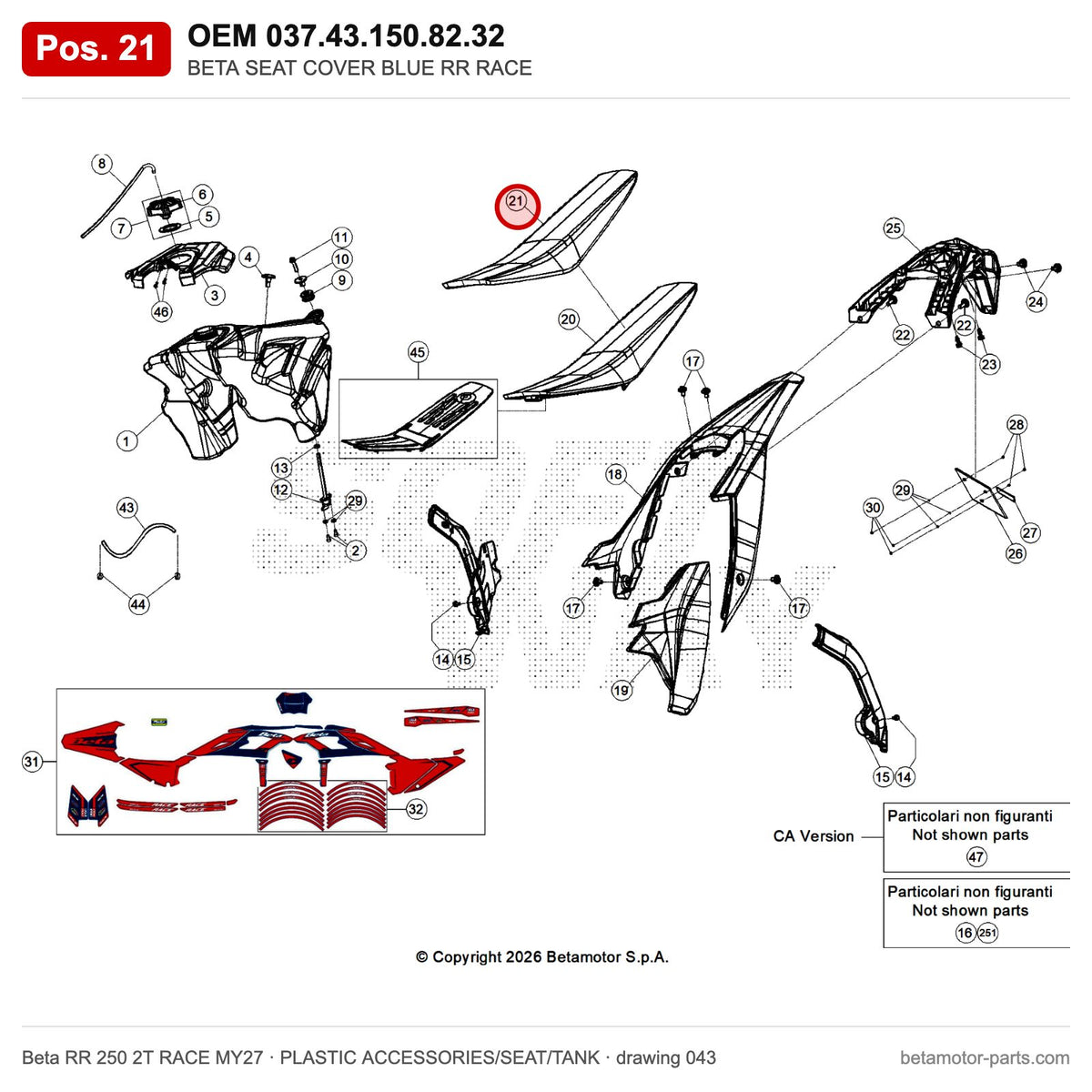 BETA SEAT COVER BLUE RR RACE – OEM 037.43.150.82.32, position 21 on the Beta RR 250 2T RACE MY27 plastic accessories/seat/tank drawing