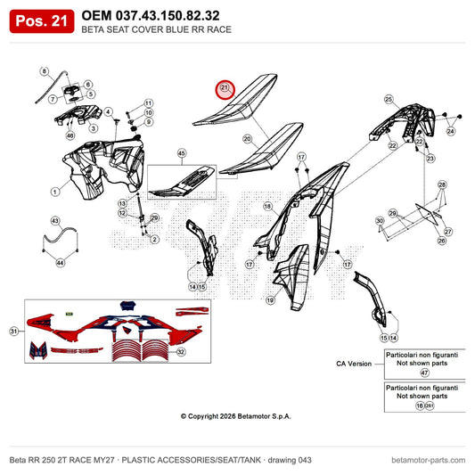 BETA SEAT COVER BLUE RR RACE – OEM 037.43.150.82.32, position 21 on the Beta RR 250 2T RACE MY27 plastic accessories/seat/tank drawing
