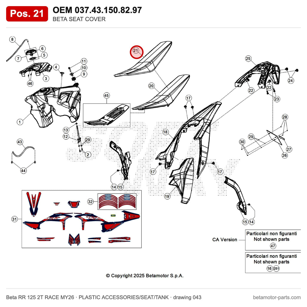 BETA SEAT COVER – OEM 037.43.150.82.97, position 21 on the Beta RR 125 2T RACE MY26 plastic accessories/seat/tank drawing