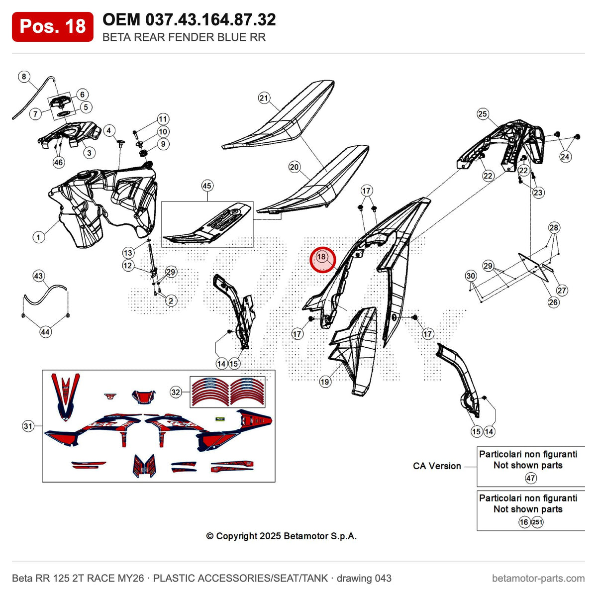 BETA REAR FENDER BLUE RR – OEM 037.43.164.87.32, position 18 on the Beta RR 125 2T RACE MY26 plastic accessories/seat/tank drawing