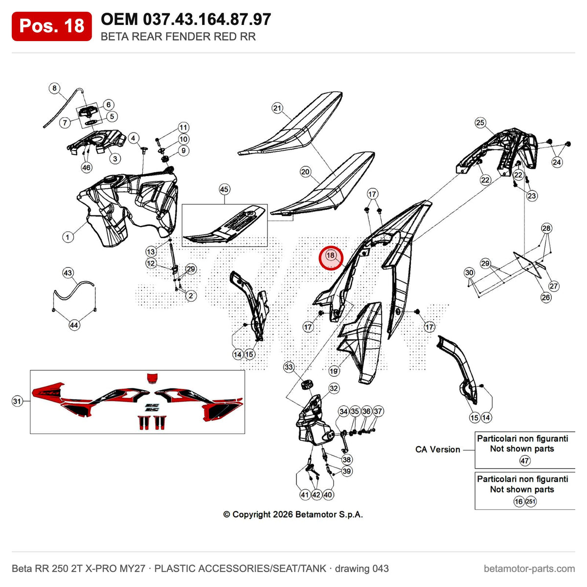 BETA REAR FENDER RED RR – OEM 037.43.164.87.97, position 18 on the Beta RR 250 2T X-PRO MY27 plastic accessories/seat/tank drawing