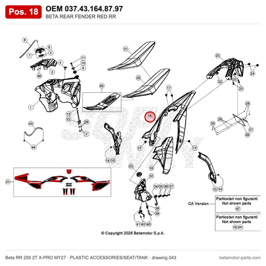 BETA REAR FENDER RED RR – OEM 037.43.164.87.97, position 18 on the Beta RR 250 2T X-PRO MY27 plastic accessories/seat/tank drawing