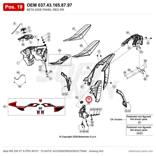 BETA SIDE PANEL RED RR – OEM 037.43.165.87.97, position 19 on the Beta RR 250 2T X-PRO MY27 plastic accessories/seat/tank drawing