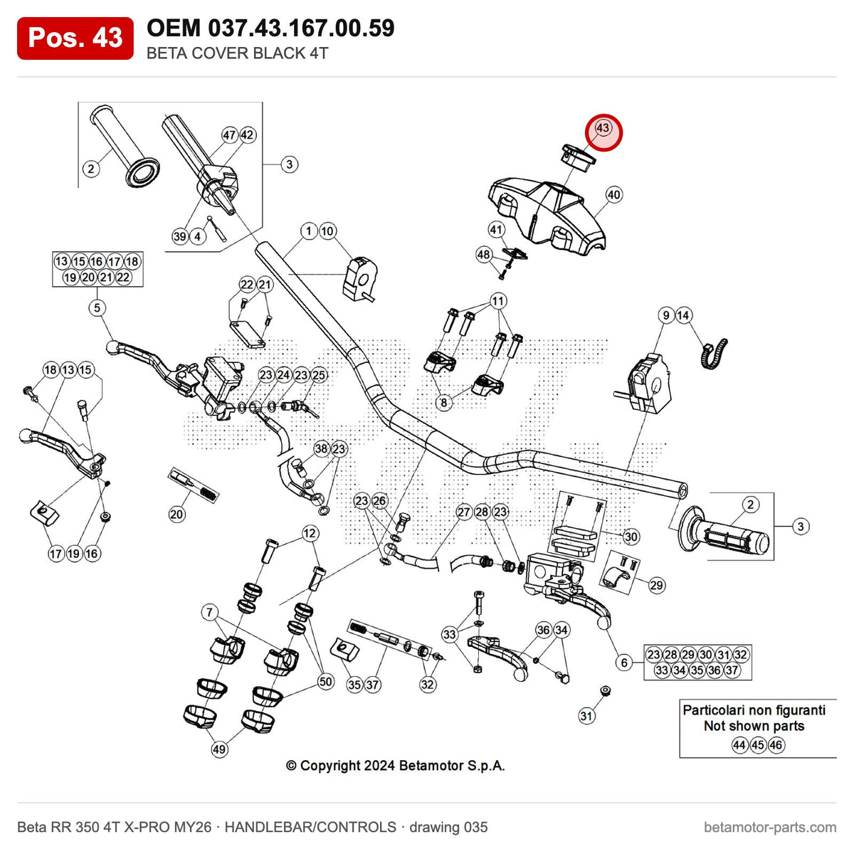 BETA COVER BLACK 4T – OEM 037.43.167.00.59, position 43 on the Beta RR 350 4T X-PRO MY26 handlebar/controls drawing