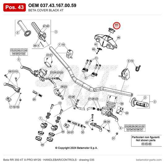 BETA COVER BLACK 4T – OEM 037.43.167.00.59, position 43 on the Beta RR 350 4T X-PRO MY26 handlebar/controls drawing