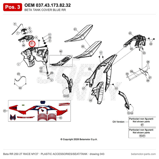 BETA TANK COVER BLUE RR – OEM 037.43.173.82.32, position 3 on the Beta RR 250 2T RACE MY27 plastic accessories/seat/tank drawing