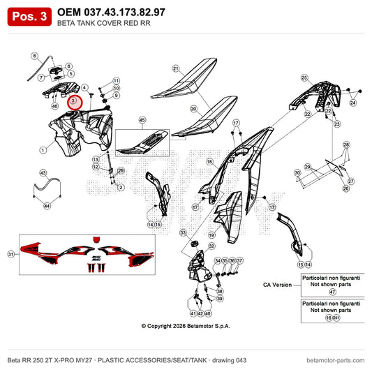 BETA TANK COVER RED RR – OEM 037.43.173.82.97, position 3 on the Beta RR 250 2T X-PRO MY27 plastic accessories/seat/tank drawing