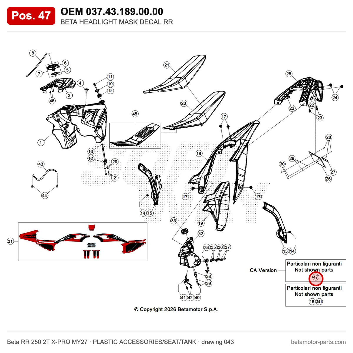 BETA HEADLIGHT MASK DECAL RR – OEM 037.43.189.00.00, position 47 on the Beta RR 250 2T X-PRO MY27 plastic accessories/seat/tank drawing