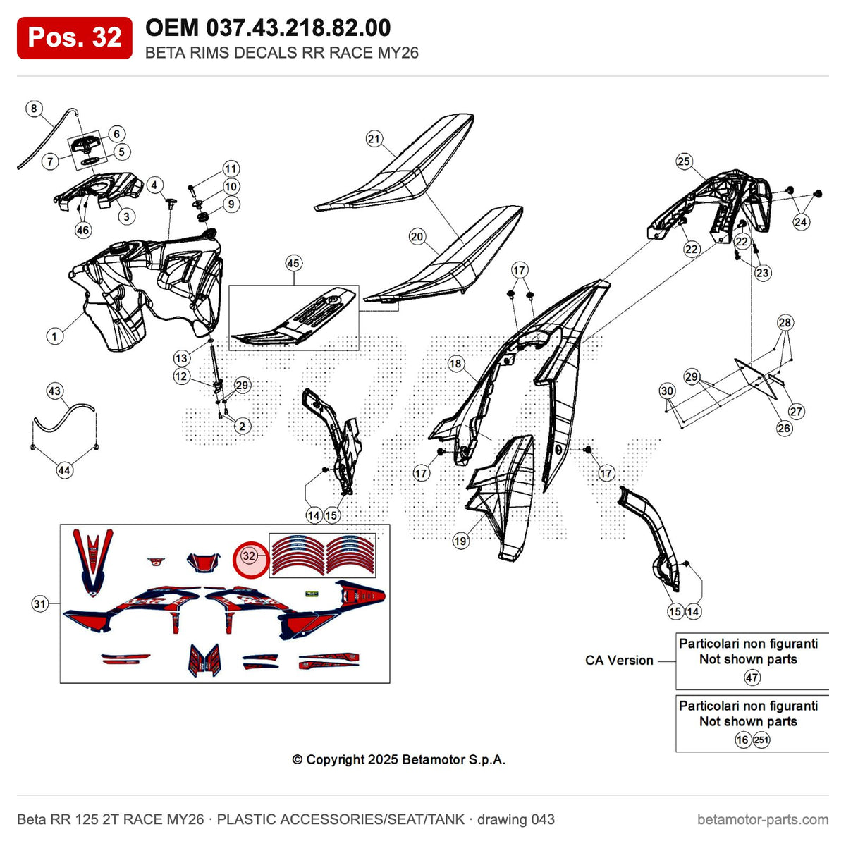 BETA RIMS DECALS RR RACE MY26 – OEM 037.43.218.82.00, position 32 on the Beta RR 125 2T RACE MY26 plastic accessories/seat/tank drawing