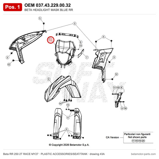 HEADLIGHT MASK BLUE RR – OEM 037.43.229.00.32, position 1 on the Beta RR 250 2T RACE MY27 plastic accessories/seat/tank drawing