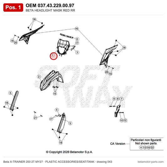 BETA HEADLIGHT MASK RED RR – OEM 037.43.229.00.97, position 1 on the Beta X-TRAINER 200 2T MY27 plastic accessories/seat/tank drawing