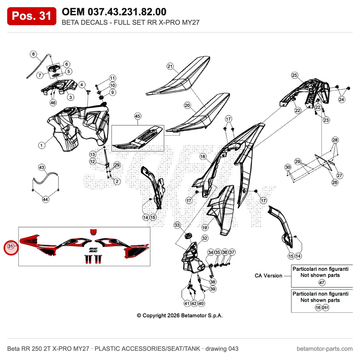 BETA DECALS - FULL SET RR X-PRO MY27 – OEM 037.43.231.82.00, position 31 on the Beta RR 250 2T X-PRO MY27 plastic accessories/seat/tank drawing