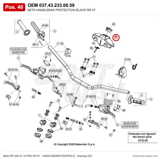 BETA HANDLEBAR PROTECTION BLACK RR 4T – OEM 037.43.233.00.59, position 40 on the Beta RR 350 4T X-PRO MY27 handlebar/controls drawing