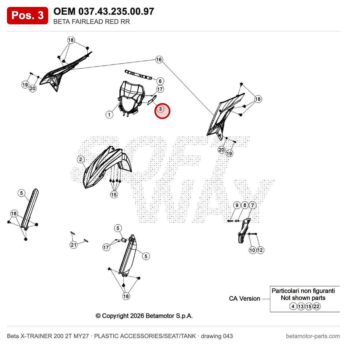 BETA FAIRLEAD RED RR – OEM 037.43.235.00.97, position 3 on the Beta X-TRAINER 200 2T MY27 plastic accessories/seat/tank drawing