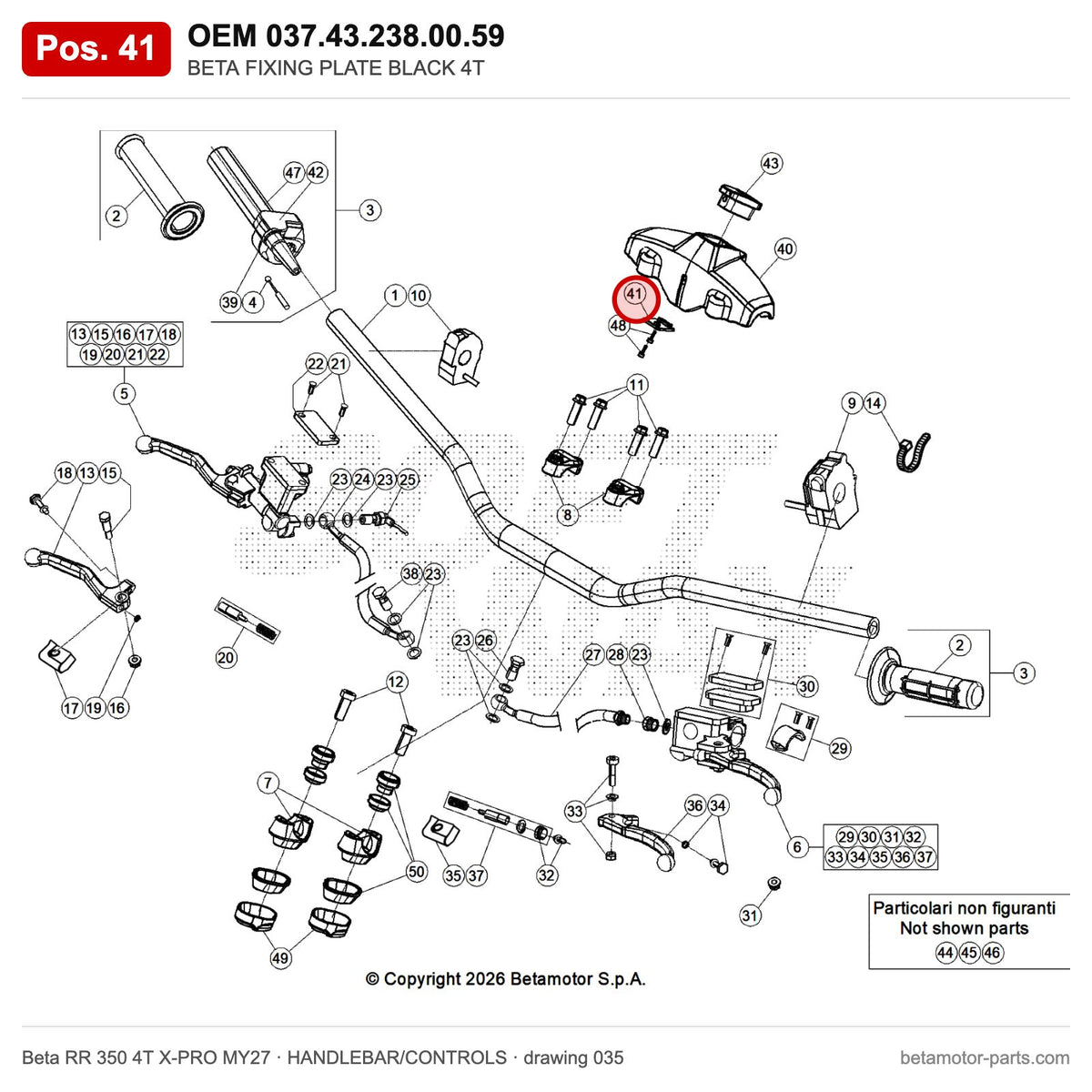 BETA FIXING PLATE BLACK 4T – OEM 037.43.238.00.59, position 41 on the Beta RR 350 4T X-PRO MY27 handlebar/controls drawing