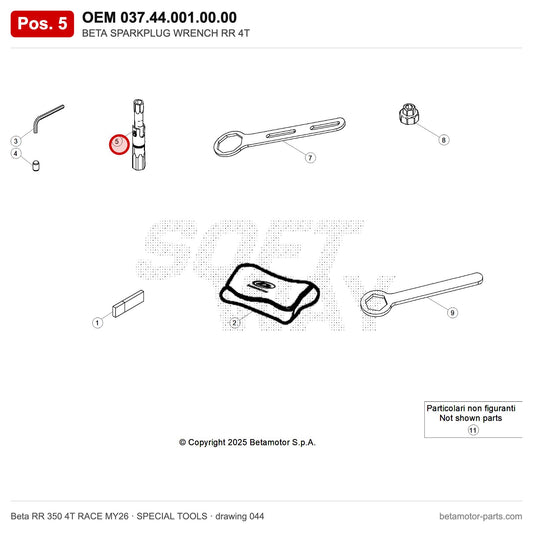 BETA SPARKPLUG WRENCH RR 4T – OEM 037.44.001.00.00, position 5 on the Beta RR 350 4T RACE MY26 special tools drawing