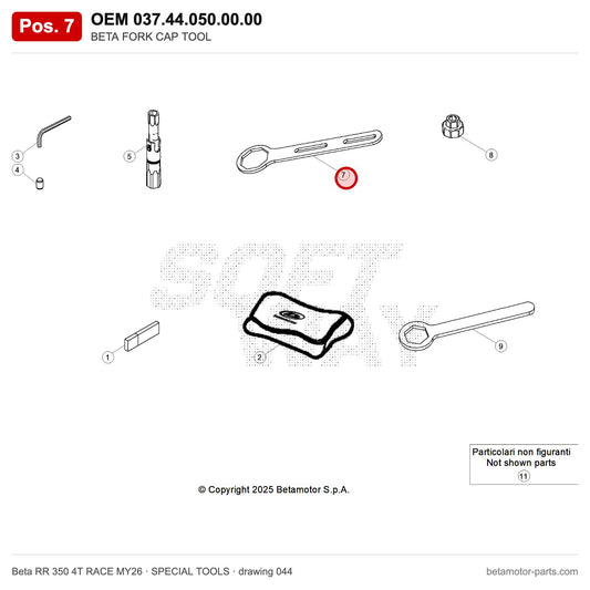 BETA FORK CAP TOOL – OEM 037.44.050.00.00, position 7 on the Beta RR 350 4T RACE MY26 special tools drawing