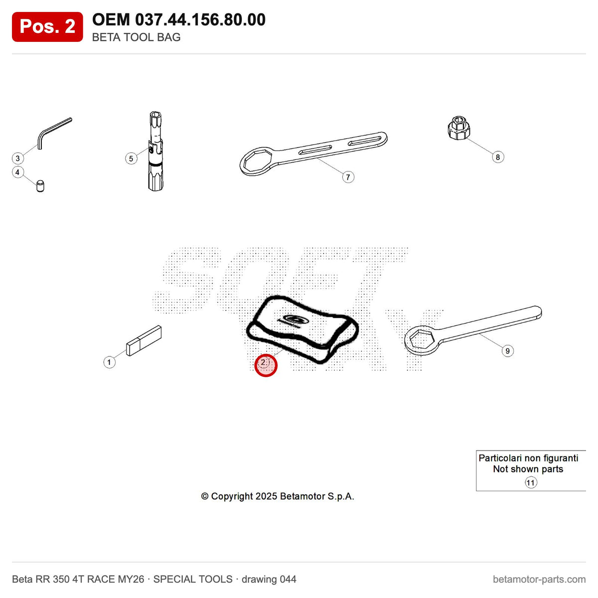 BETA TOOL BAG – OEM 037.44.156.80.00, position 2 on the Beta RR 350 4T RACE MY26 special tools drawing