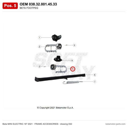 BETA FOOTPEG – OEM 038.32.001.45.33, position 5 on the Beta MINI ELECTRIC 16" 2021 frame accessories drawing