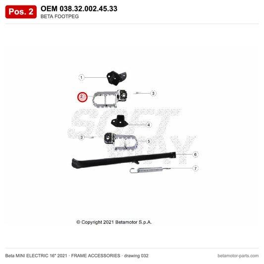 BETA FOOTPEG_1 – OEM 038.32.002.45.33, position 2 on the Beta MINI ELECTRIC 16" 2021 frame accessories drawing