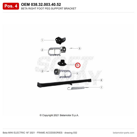 BETA RIGHT FOOT PEG SUPPORT BRACKET – OEM 038.32.003.40.52, position 4 on the Beta MINI ELECTRIC 16" 2021 frame accessories drawing