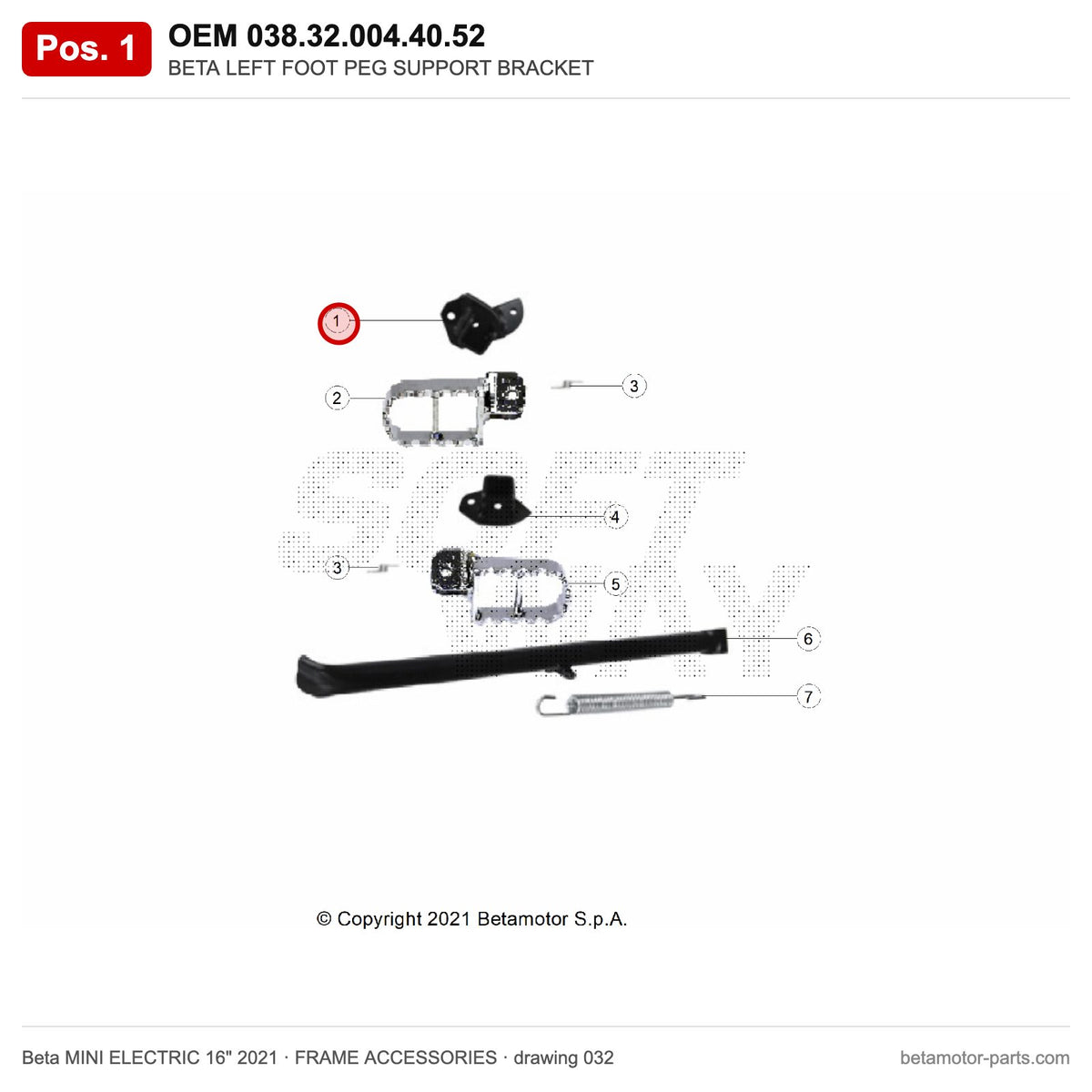 BETA LEFT FOOT PEG SUPPORT BRACKET – OEM 038.32.004.40.52, position 1 on the Beta MINI ELECTRIC 16" 2021 frame accessories drawing
