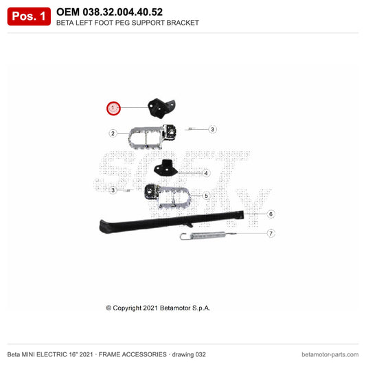BETA LEFT FOOT PEG SUPPORT BRACKET – OEM 038.32.004.40.52, position 1 on the Beta MINI ELECTRIC 16" 2021 frame accessories drawing