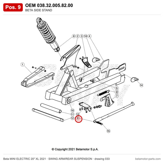 BETA SIDE STAND – OEM 038.32.005.82.00, position 9 on the Beta MINI ELECTRIC 20" XL 2021 swing arm/rear suspension drawing