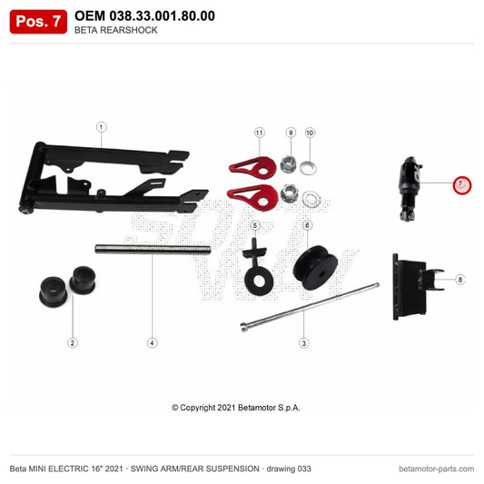 BETA REARSHOCK – OEM 038.33.001.80.00, position 7 on the Beta MINI ELECTRIC 16" 2021 swing arm/rear suspension drawing