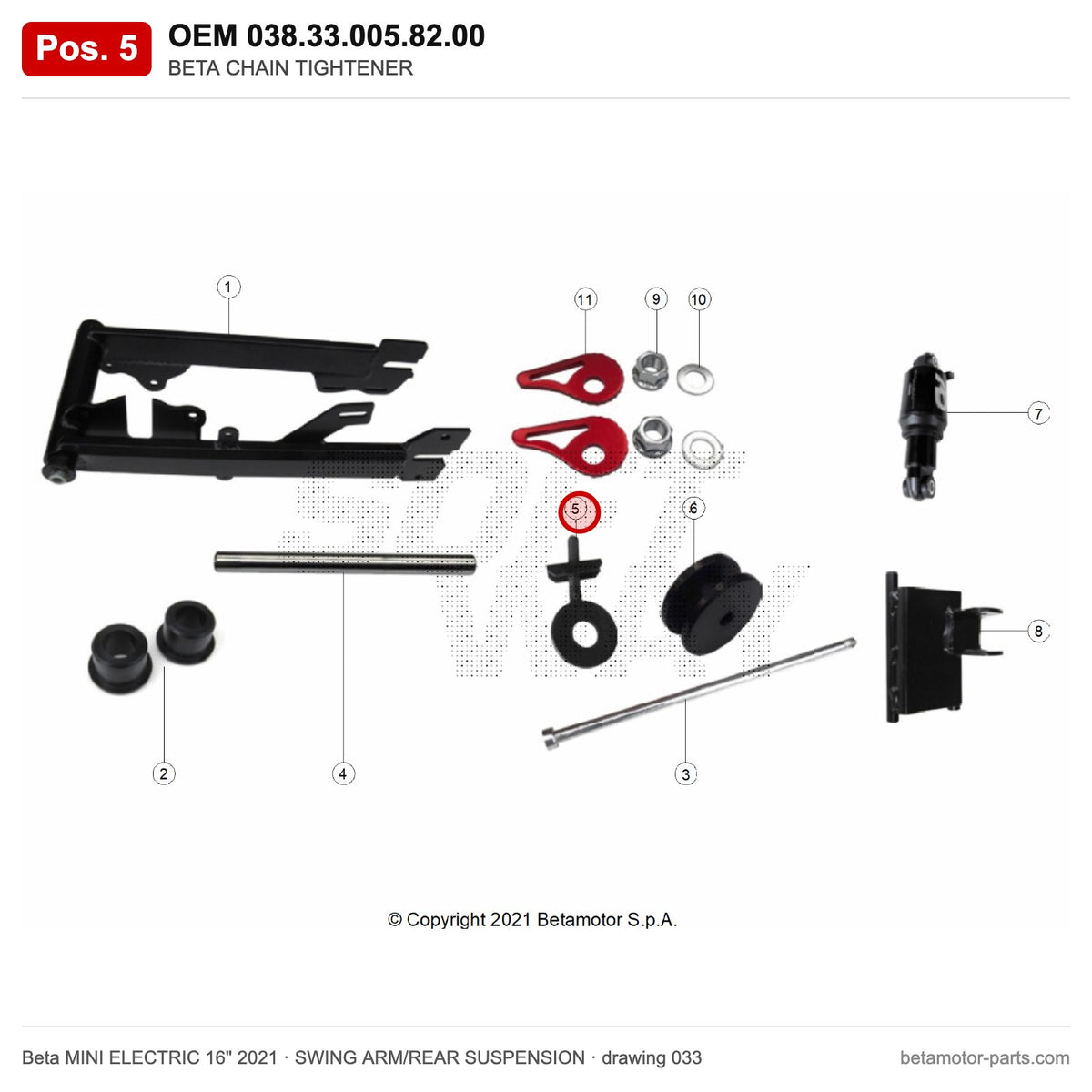 BETA CHAIN TIGHTENER – OEM 038.33.005.82.00, position 5 on the Beta MINI ELECTRIC 16" 2021 swing arm/rear suspension drawing