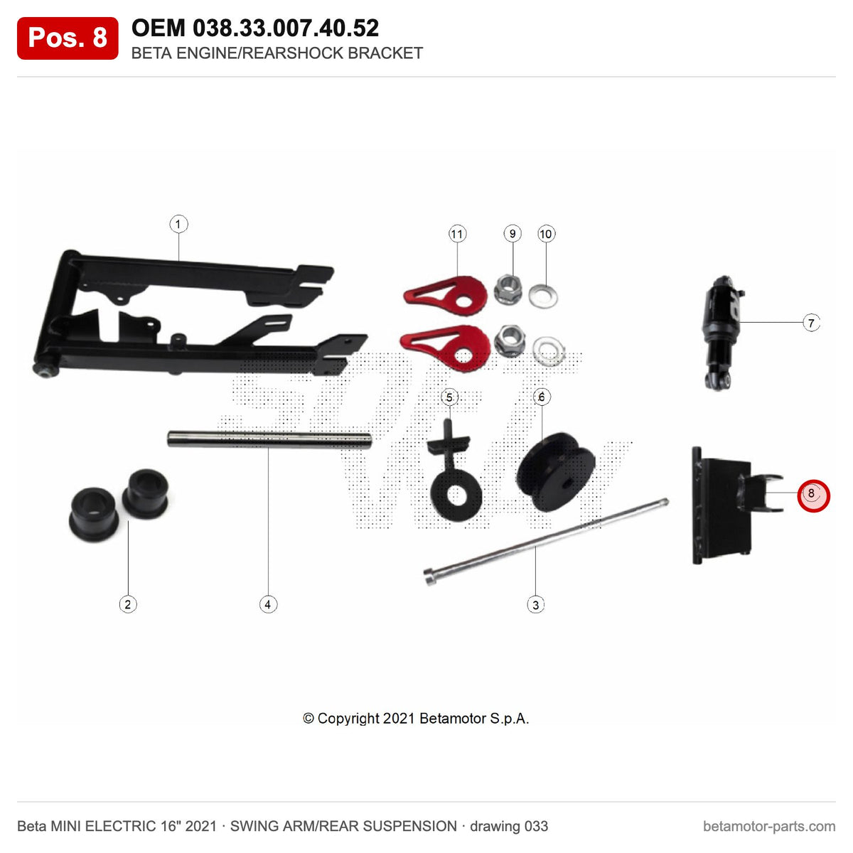 BETA ENGINE/REARSHOCK BRACKET – OEM 038.33.007.40.52, position 8 on the Beta MINI ELECTRIC 16" 2021 swing arm/rear suspension drawing