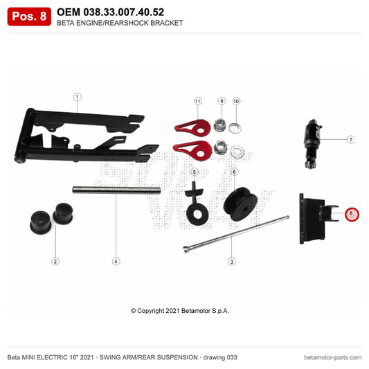 BETA ENGINE/REARSHOCK BRACKET – OEM 038.33.007.40.52, position 8 on the Beta MINI ELECTRIC 16" 2021 swing arm/rear suspension drawing