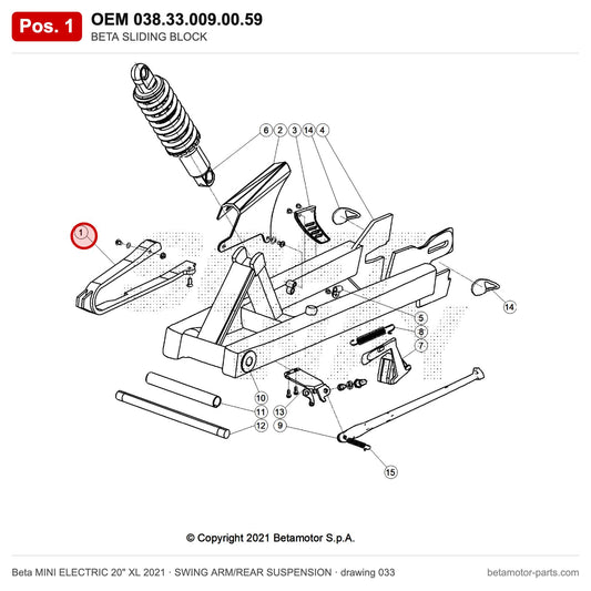 BETA SLIDING BLOCK – OEM 038.33.009.00.59, position 1 on the Beta MINI ELECTRIC 20" XL 2021 swing arm/rear suspension drawing
