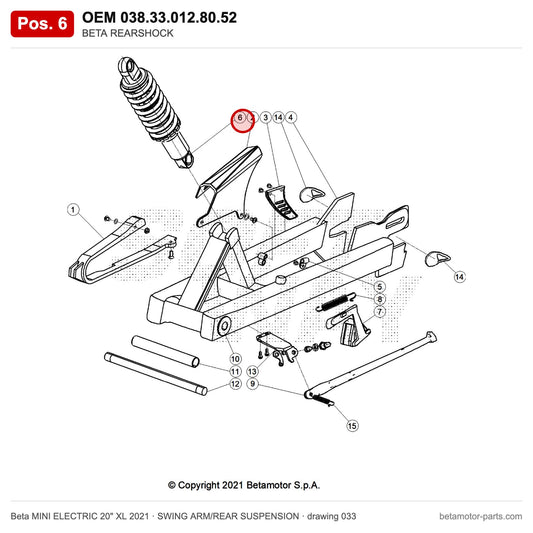 BETA REARSHOCK – OEM 038.33.012.80.52, position 6 on the Beta MINI ELECTRIC 20" XL 2021 swing arm/rear suspension drawing