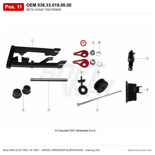 BETA CHAIN TIGHTENER – OEM 038.33.019.00.00, position 11 on the Beta MINI ELECTRIC 16" 2021 swing arm/rear suspension drawing