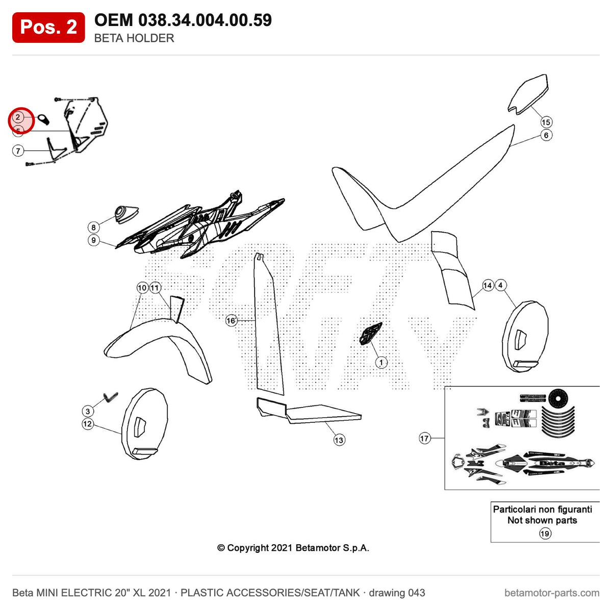 BETA HOLDER – OEM 038.34.004.00.59, position 2 on the Beta MINI ELECTRIC 20" XL 2021 plastic accessories/seat/tank drawing