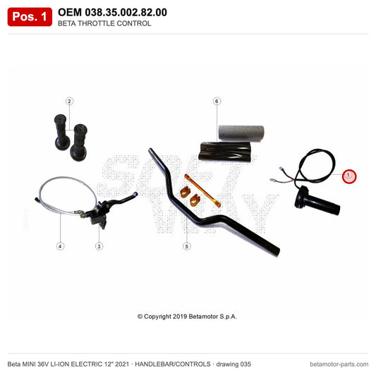 BETA THROTTLE CONTROL – OEM 038.35.002.82.00, position 1 on the Beta MINI 36V LI-ION ELECTRIC 12" 2021 handlebar/controls drawing