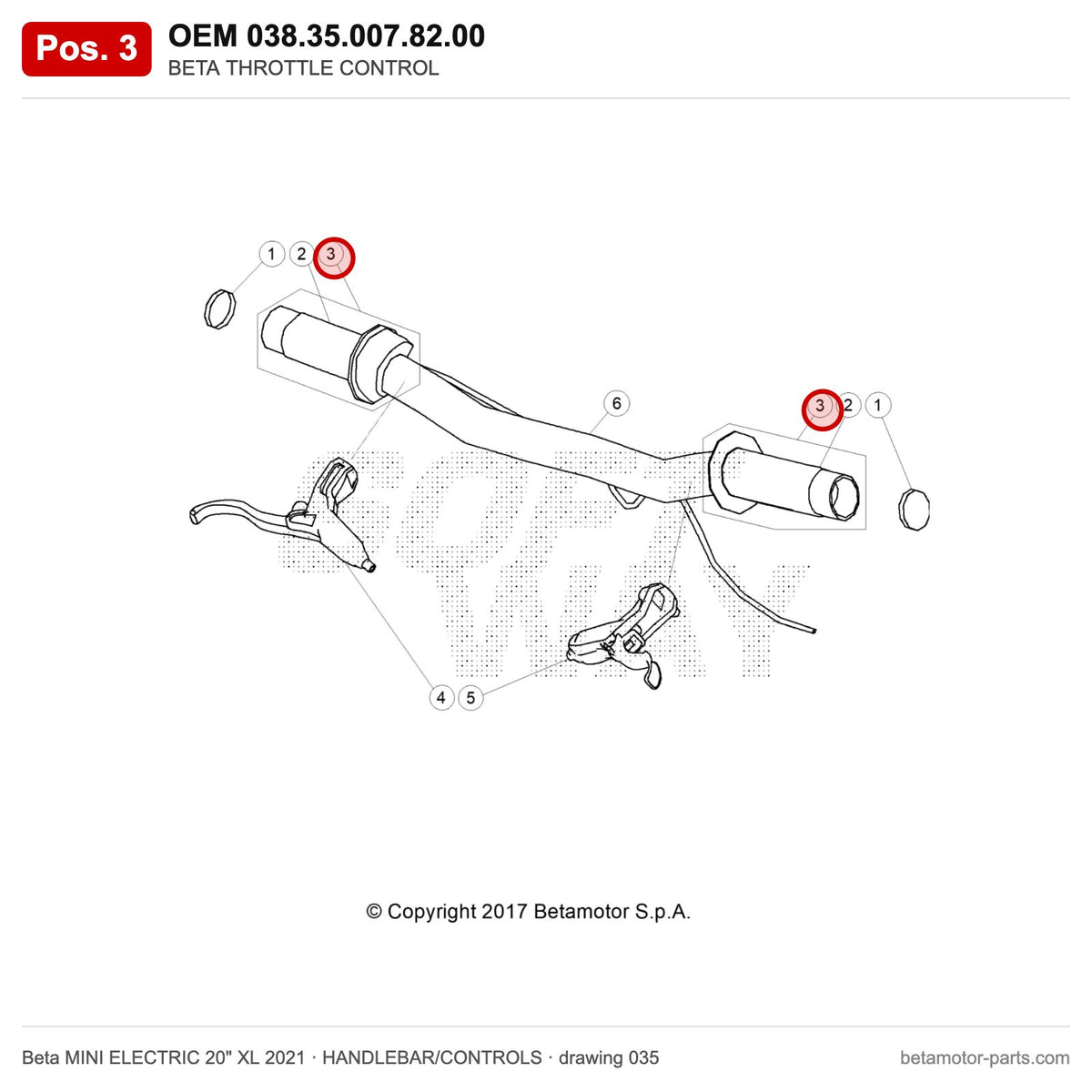 BETA THROTTLE CONTROL – OEM 038.35.007.82.00, position 3 on the Beta MINI ELECTRIC 20" XL 2021 handlebar/controls drawing